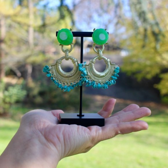 ZARA Turquoise Gold Resin Boho Statement Earrings - Picture 11 of 13